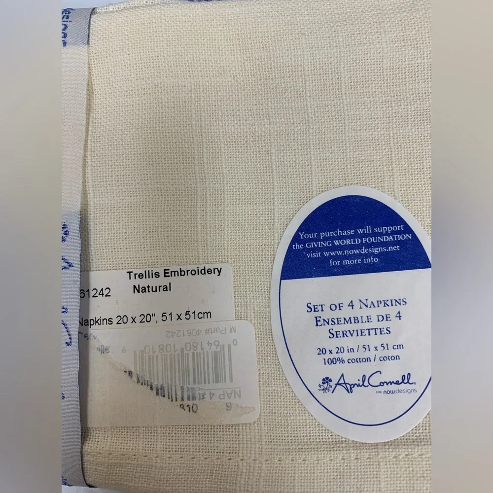 April Cornell Tea Towels Napkins 20x20 Trellis Embroidery Cream Vintage Set of 4